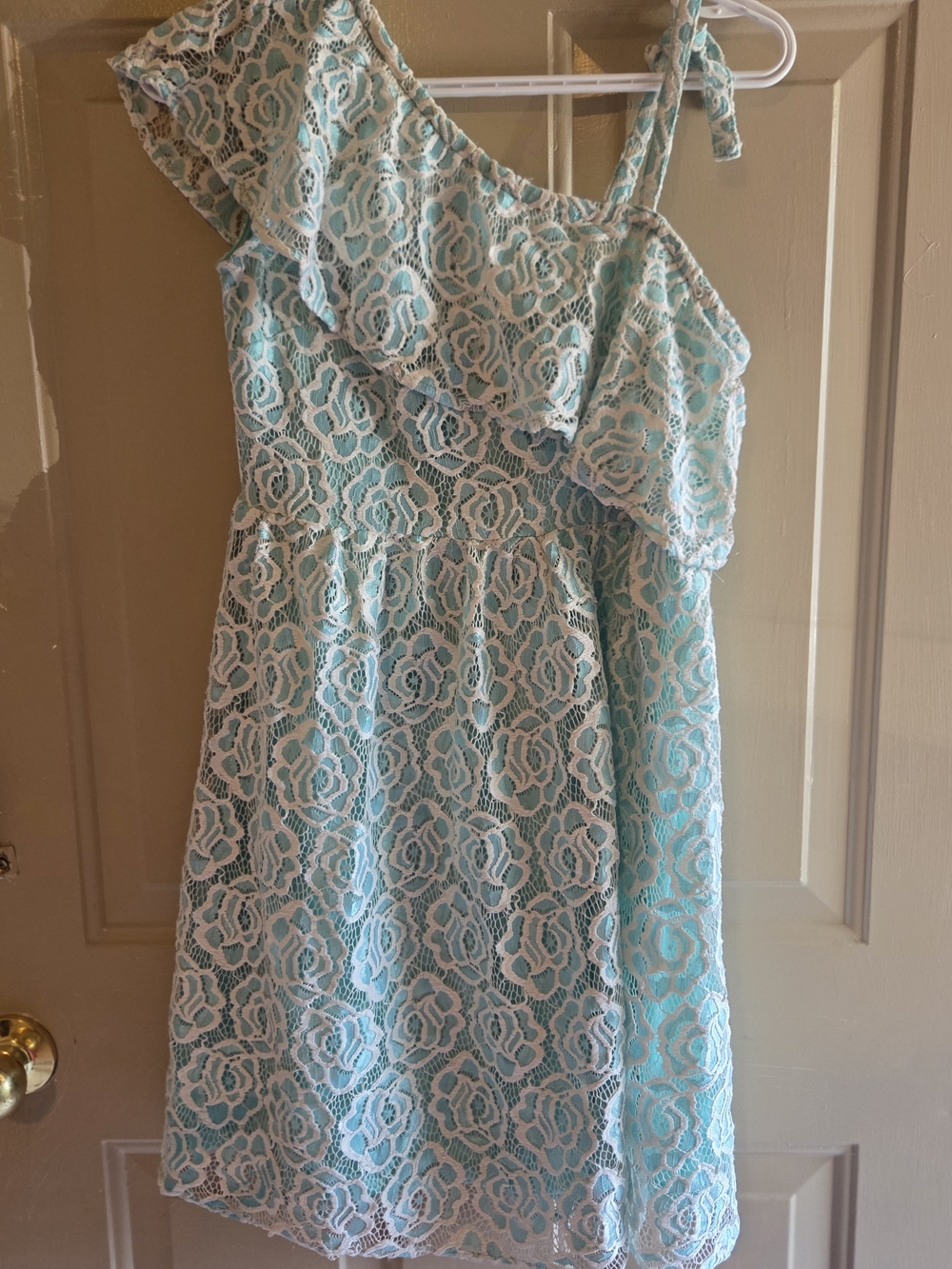 Aqua Lace One-Shoulder Ruffle Dress